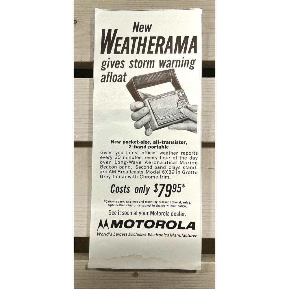 Motorola Weatherama Radio Vintage Print Ad 1950s Portable Pockete Size